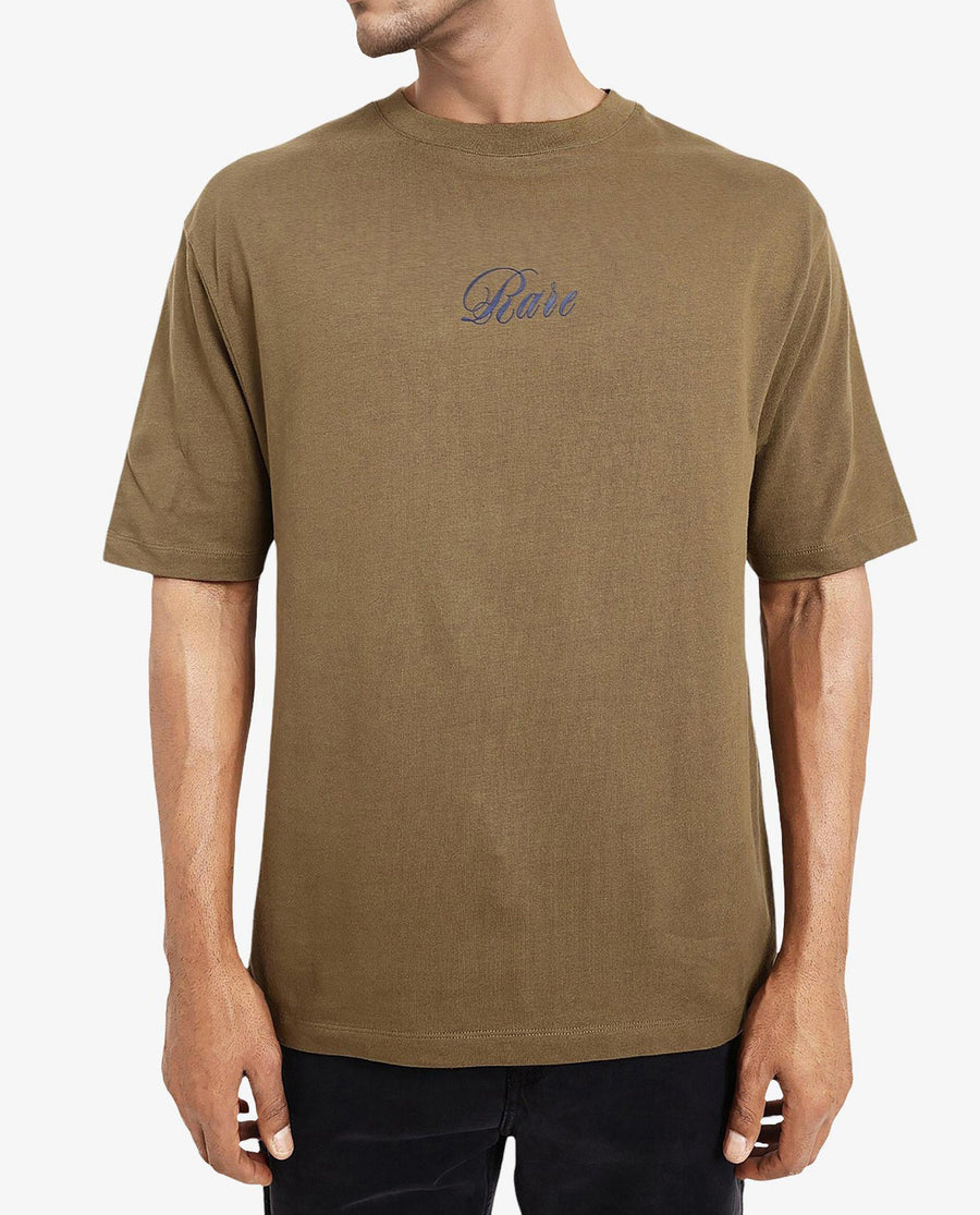 Rare Rabbit Men's Reso Olive Cotton Graphic Print Oversized Fit Half Sleeve Crew Neck T-Shirt