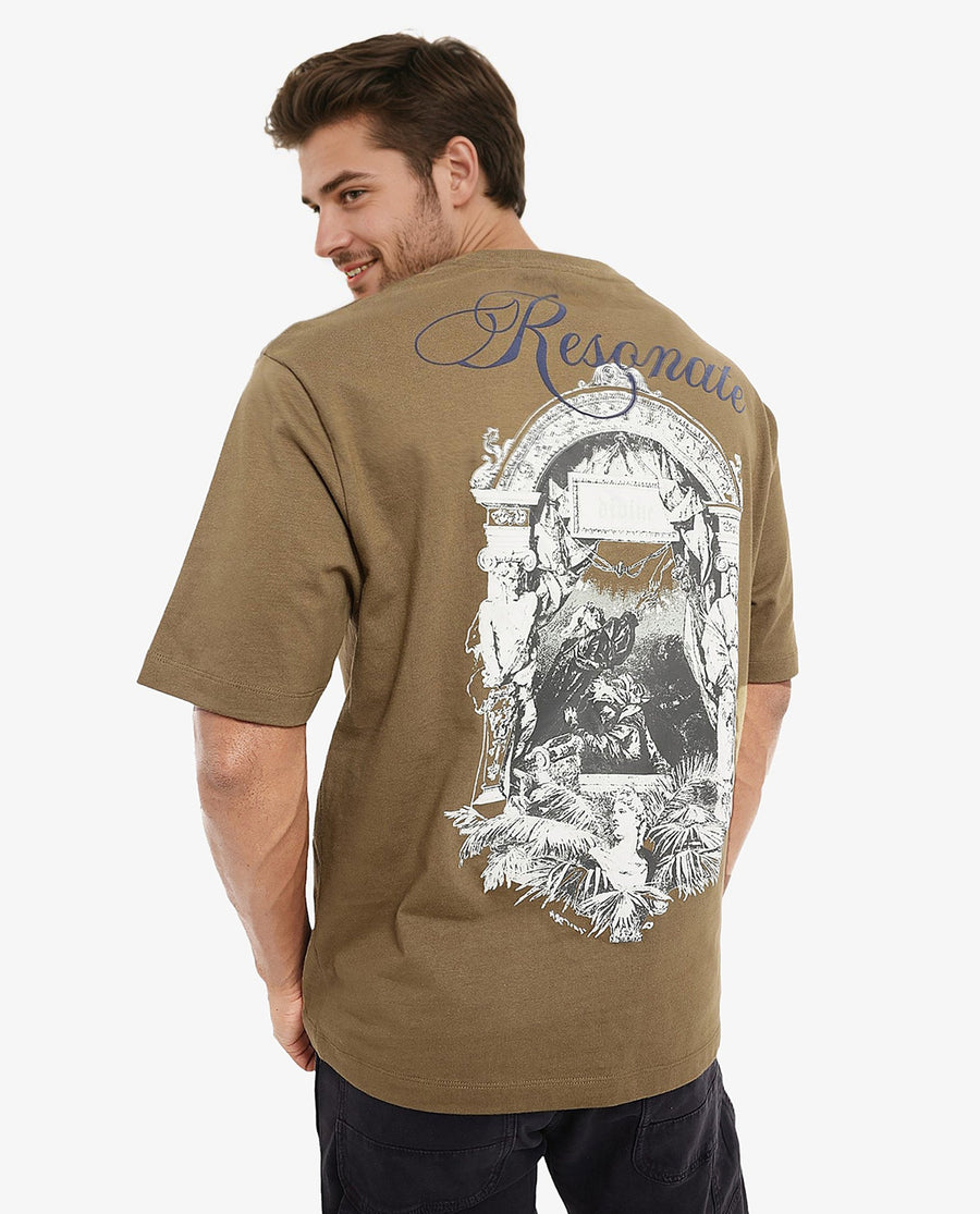 Rare Rabbit Men's Reso Olive Cotton Graphic Print Oversized Fit Half Sleeve Crew Neck T-Shirt