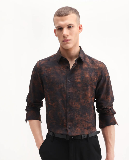 Rare Rabbit Men's Retro Dusky Brown Viscose Blend Abstract Print Regular Fit Full Sleeve Collared Shirt