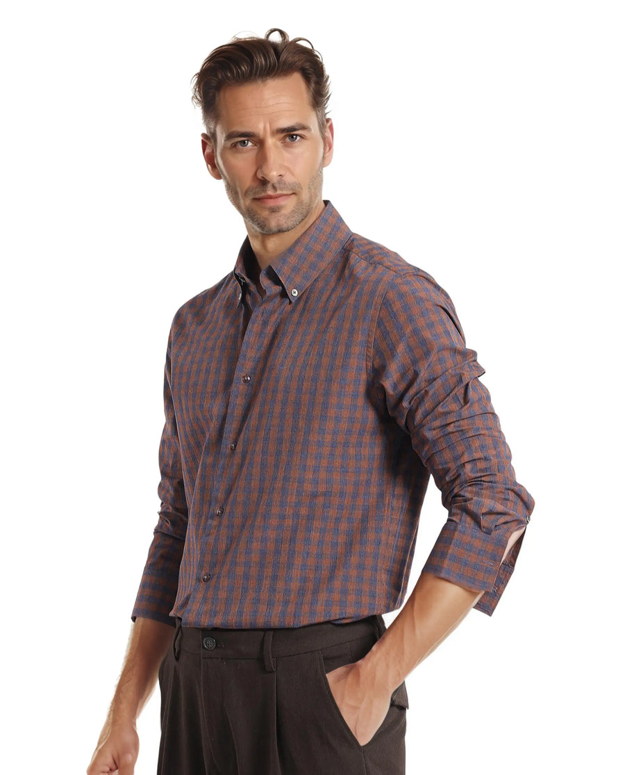 Rare Rabbit Men's Rettos Dark Brown Cotton Checked Print Regular Fit Full Sleeve Collared Shirt