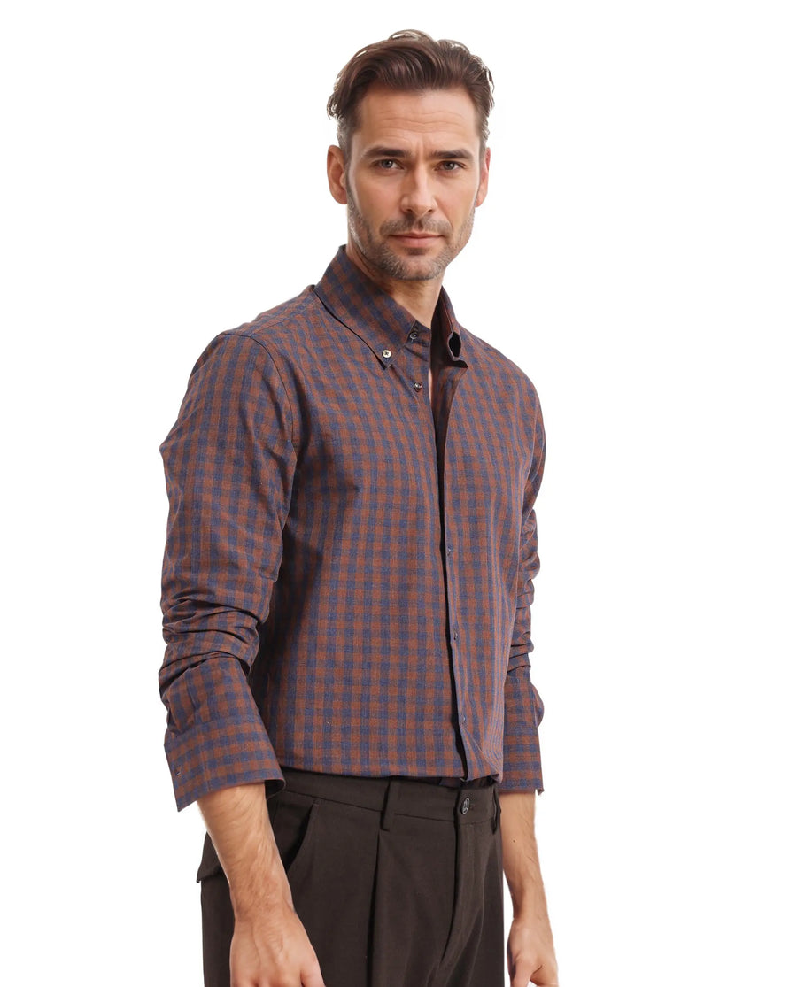 Rare Rabbit Men's Rettos Dark Brown Cotton Checked Print Regular Fit Full Sleeve Collared Shirt