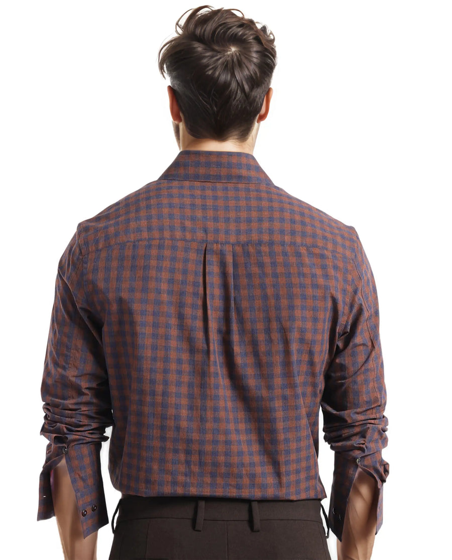 Rare Rabbit Men's Rettos Dark Brown Cotton Checked Print Regular Fit Full Sleeve Collared Shirt