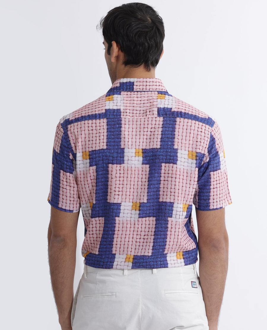 Rare Rabbit Men's Reusa Blue Viscose Abstract Print Regular Fit Half Sleeve Collared Shirt