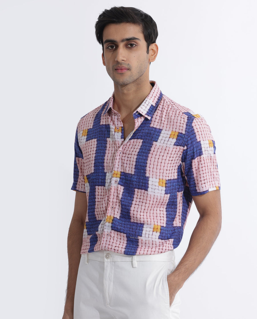 Rare Rabbit Men's Reusa Blue Viscose Abstract Print Regular Fit Half Sleeve Collared Shirt