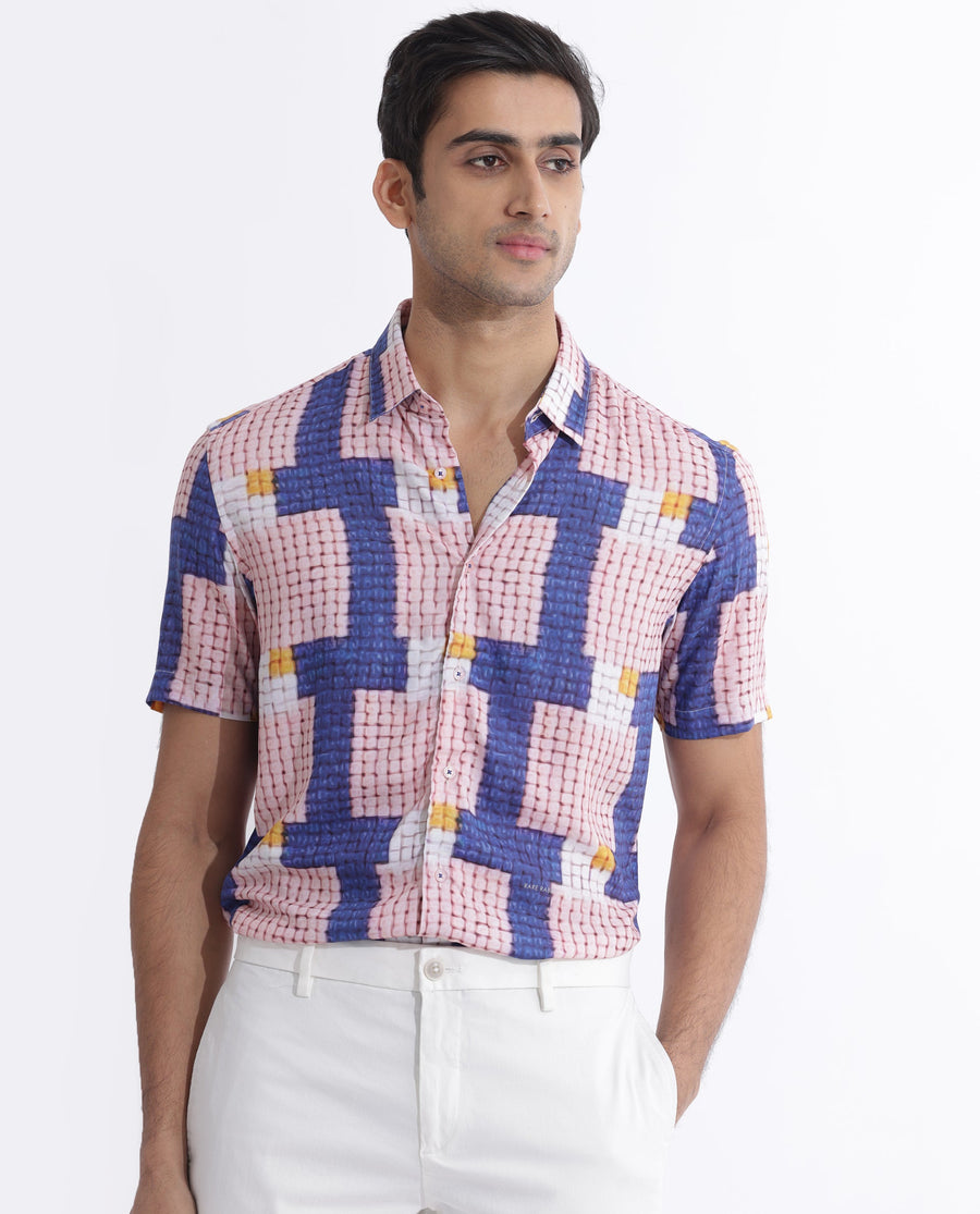 Rare Rabbit Men's Reusa Blue Viscose Abstract Print Regular Fit Half Sleeve Collared Shirt