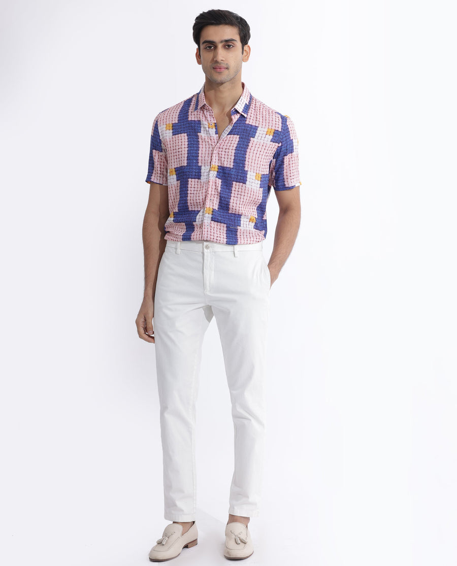 Rare Rabbit Men's Reusa Blue Viscose Abstract Print Regular Fit Half Sleeve Collared Shirt