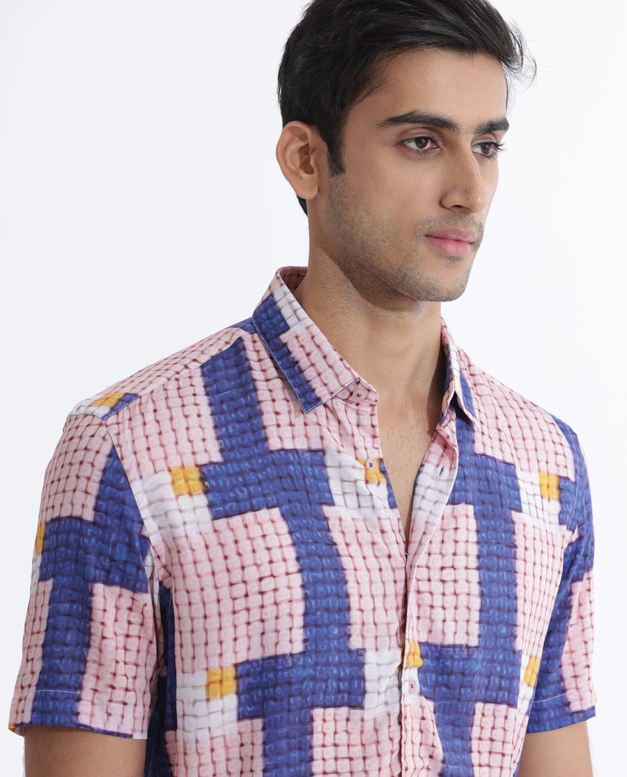 Rare Rabbit Men's Reusa Blue Viscose Abstract Print Regular Fit Half Sleeve Collared Shirt