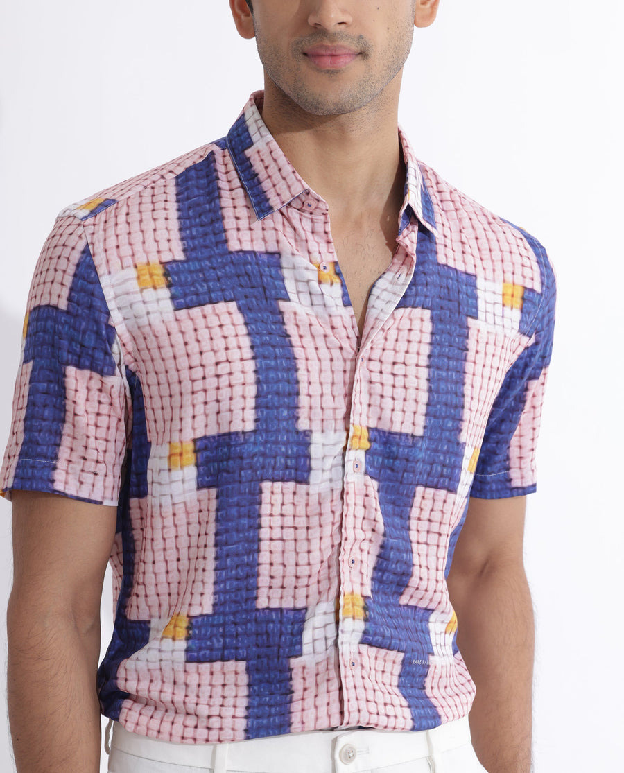 Rare Rabbit Men's Reusa Blue Viscose Abstract Print Regular Fit Half Sleeve Collared Shirt