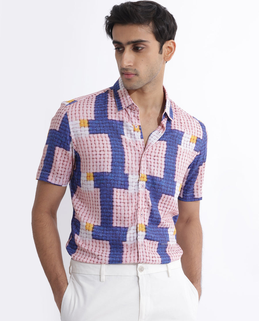 Rare Rabbit Men's Reusa Blue Viscose Abstract Print Regular Fit Half Sleeve Collared Shirt