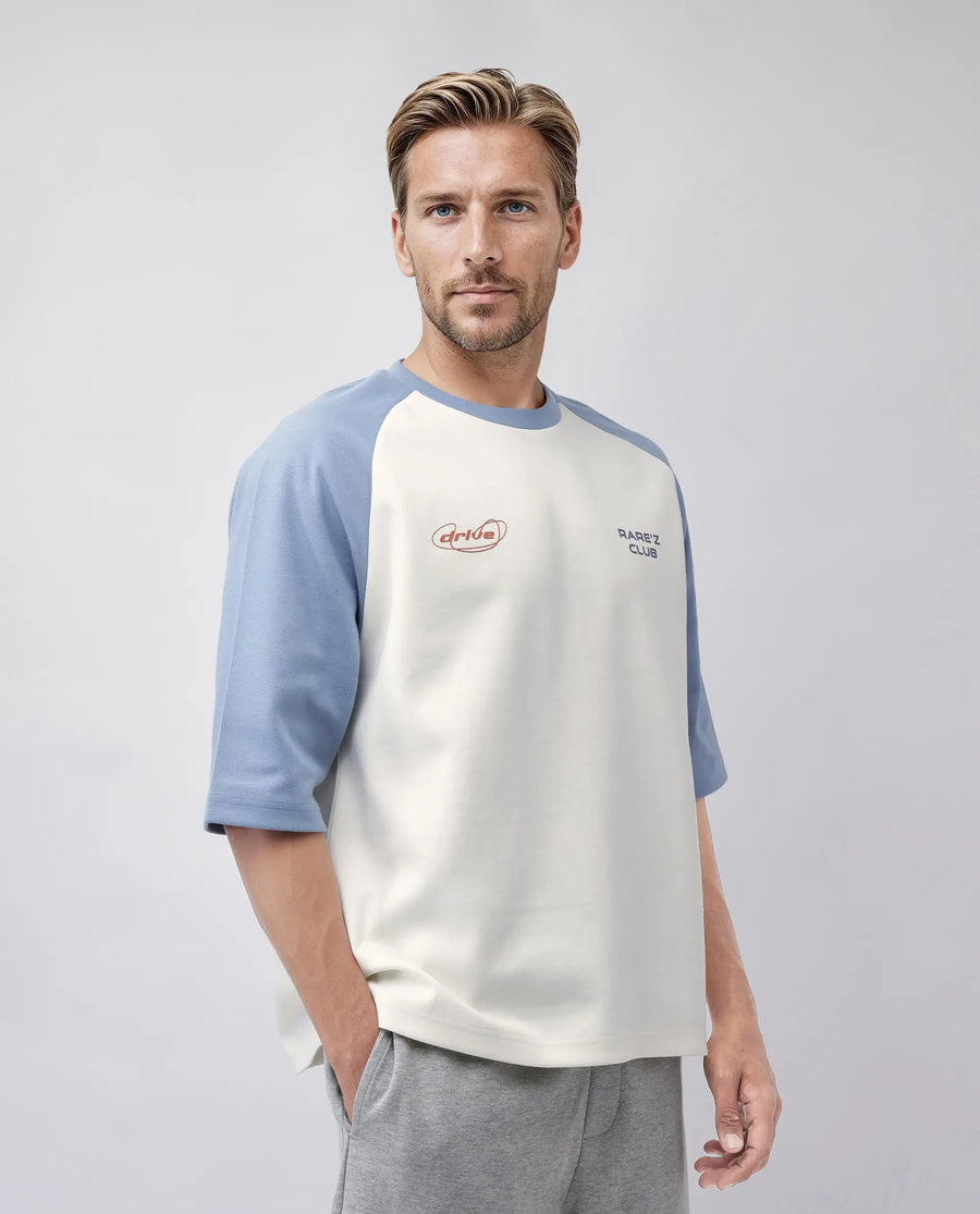 Rare Rabbit Men's Revalo Blue Cotton Blend Graphic Print Oversized Fit Half Sleeve Crew Neck T-Shirt