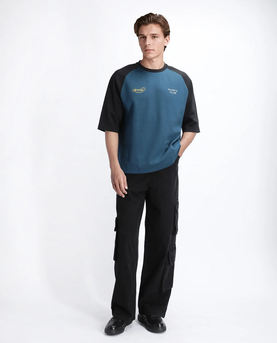 Rare Rabbit Men's Revalo Teal Cotton Blend Graphic Print Oversized Fit Half Sleeve Crew Neck T-Shirt