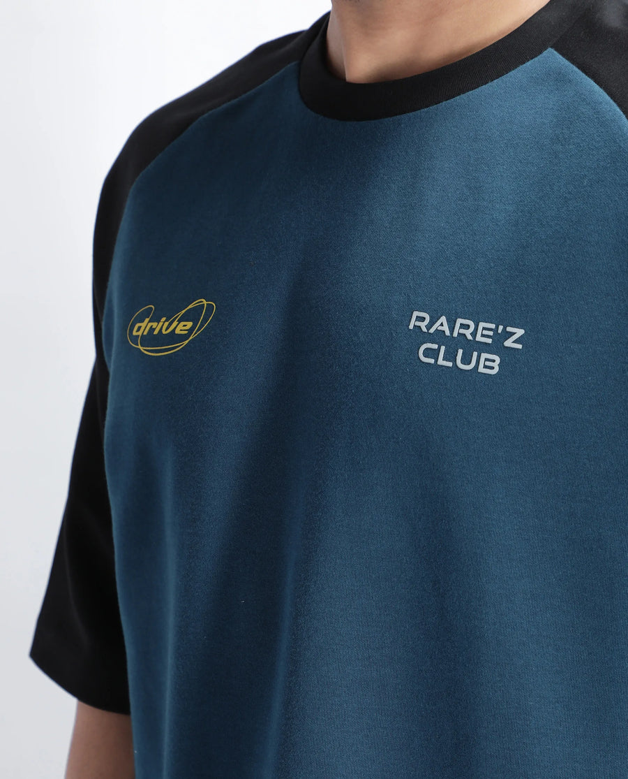 Rare Rabbit Men's Revalo Teal Cotton Blend Graphic Print Oversized Fit Half Sleeve Crew Neck T-Shirt