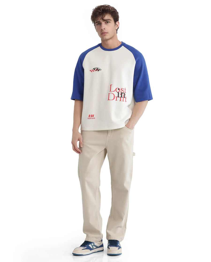 Rare Rabbit Men's Reva Off White Cotton Blend Hd Print Oversized Fit Half Sleeve Crew Neck T-Shirt