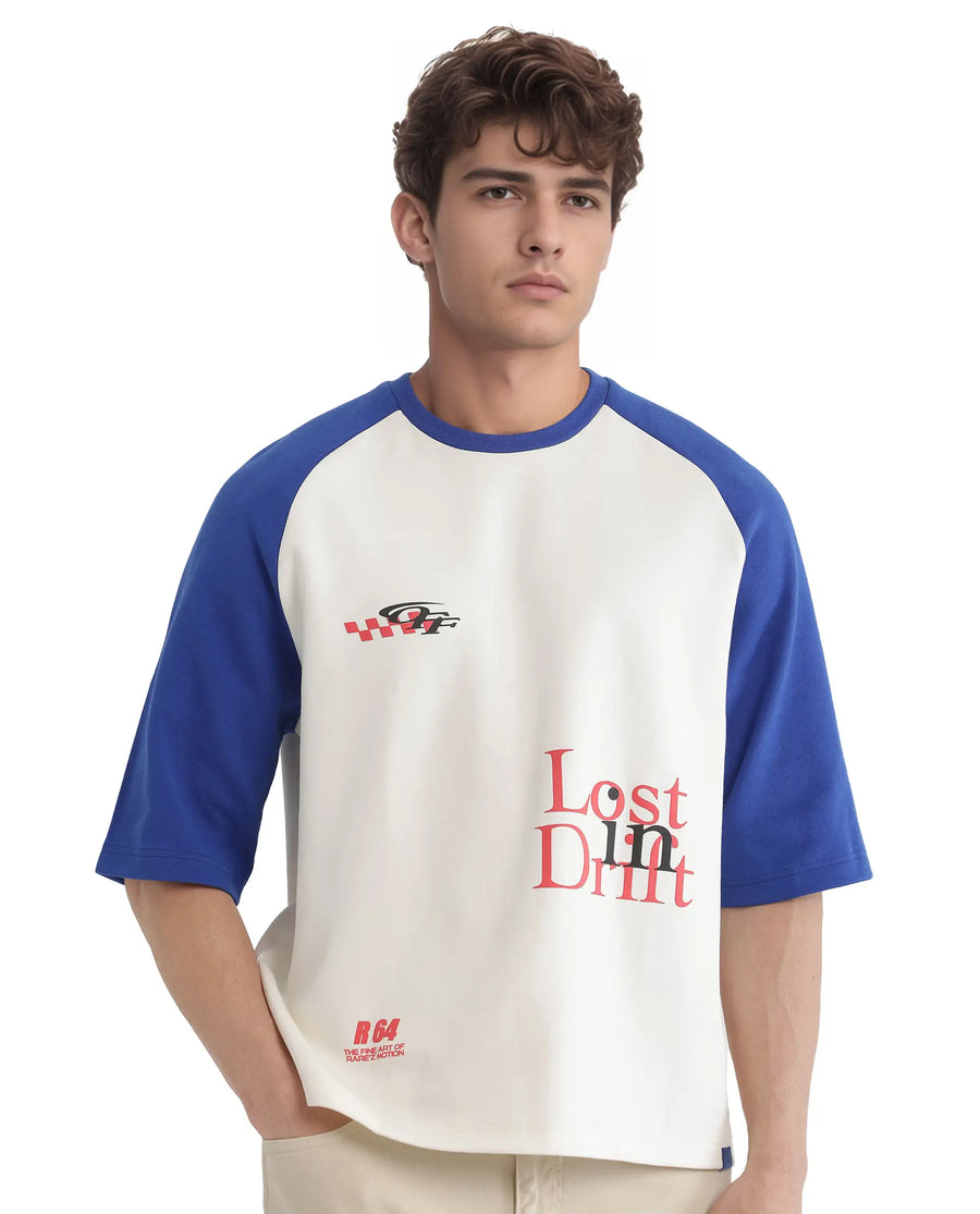 Rare Rabbit Men's Reva Off White Cotton Blend Hd Print Oversized Fit Half Sleeve Crew Neck T-Shirt