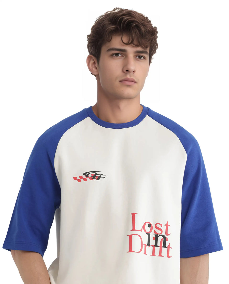 Rare Rabbit Men's Reva Off White Cotton Blend Hd Print Oversized Fit Half Sleeve Crew Neck T-Shirt