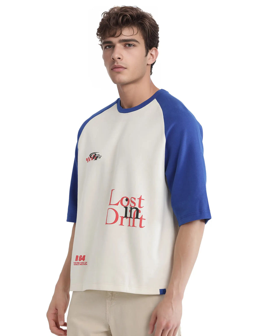 Rare Rabbit Men's Reva Off White Cotton Blend Hd Print Oversized Fit Half Sleeve Crew Neck T-Shirt