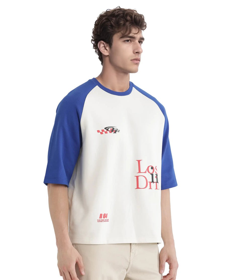 Rare Rabbit Men's Reva Off White Cotton Blend Hd Print Oversized Fit Half Sleeve Crew Neck T-Shirt