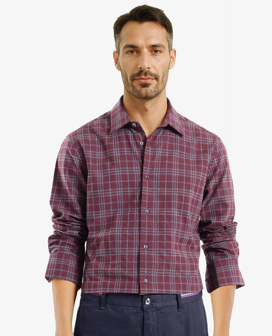 Rare Rabbit Men's Revers Maroon Cotton Checked Print Regular Fit Full Sleeve Collared Shirt