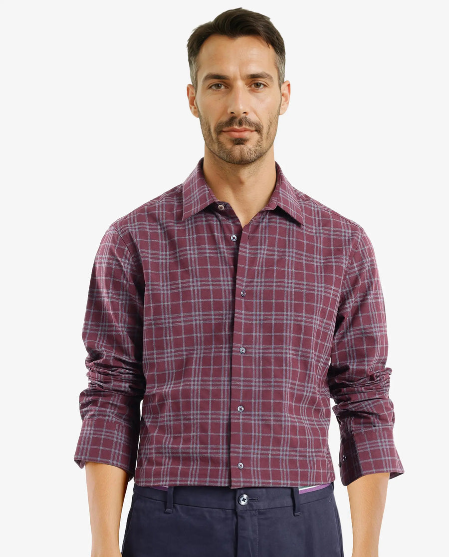 Rare Rabbit Men's Revers Maroon Cotton Checked Print Regular Fit Full Sleeve Collared Shirt