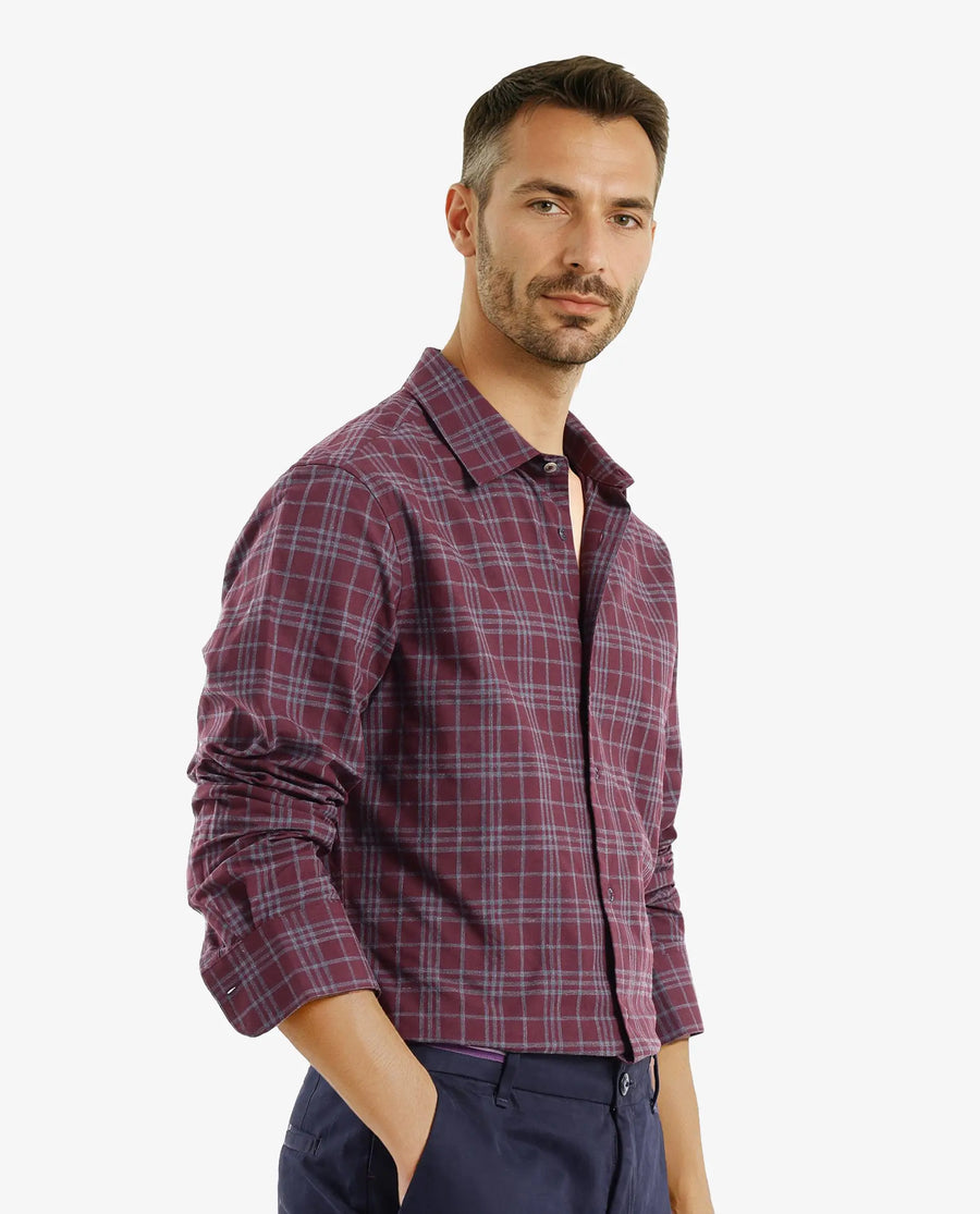 Rare Rabbit Men's Revers Maroon Cotton Checked Print Regular Fit Full Sleeve Collared Shirt