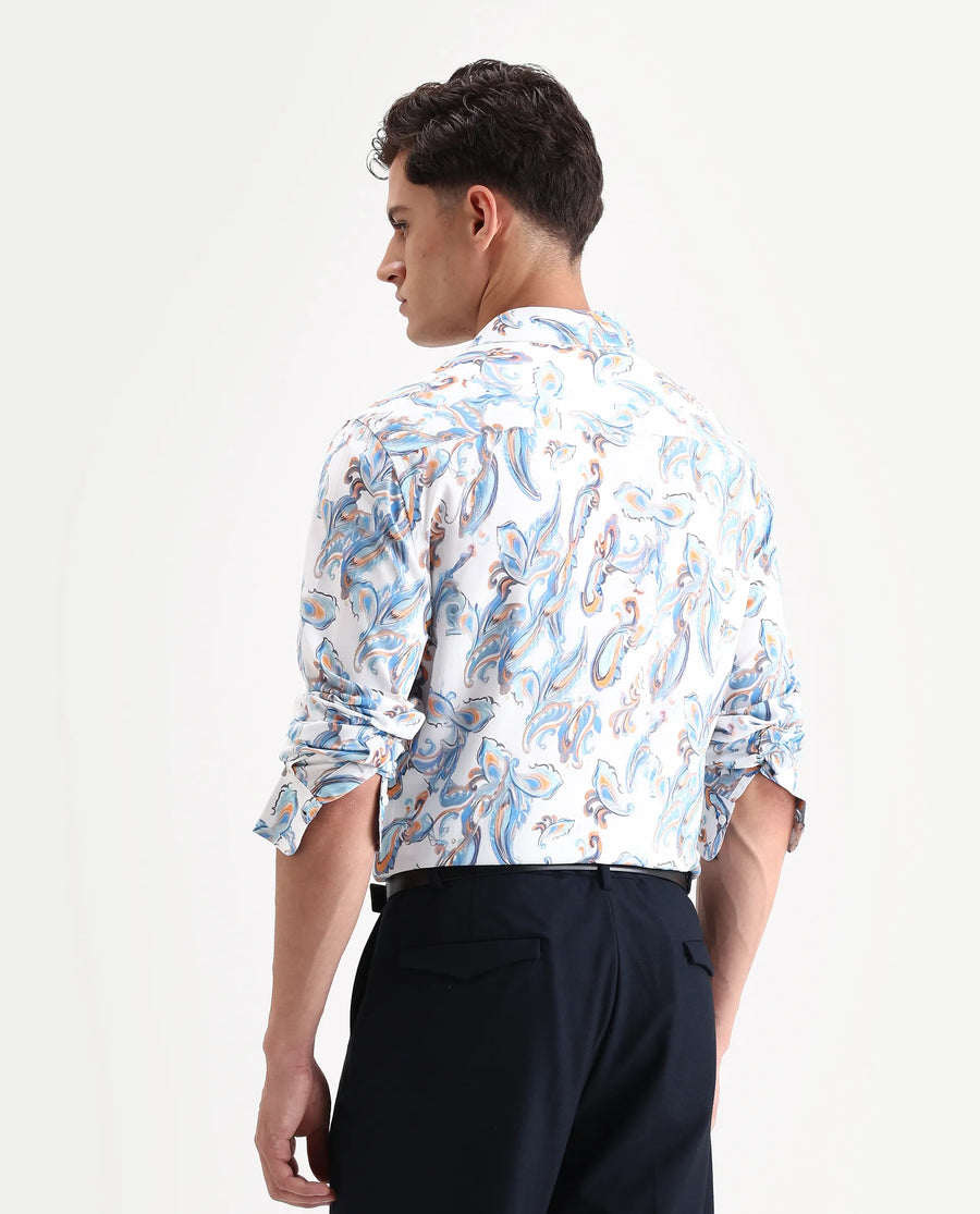 Rare Rabbit Men's Revo White Viscose Blend Fabric Collared Neck Regular Fit Paisley Shirt