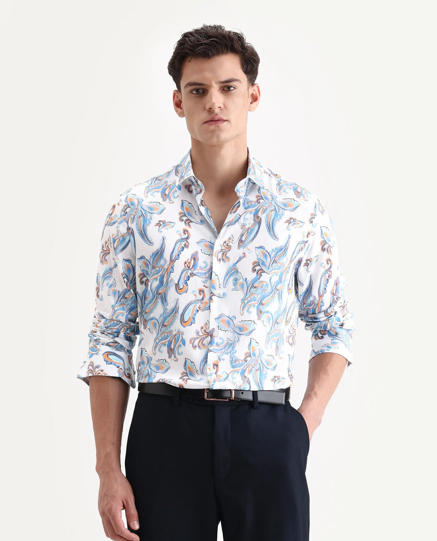 Rare Rabbit Men's Revo White Viscose Blend Fabric Collared Neck Regular Fit Paisley Shirt