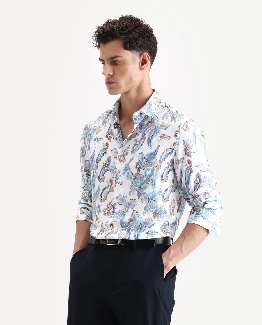 Rare Rabbit Men's Revo White Viscose Blend Fabric Collared Neck Regular Fit Paisley Shirt