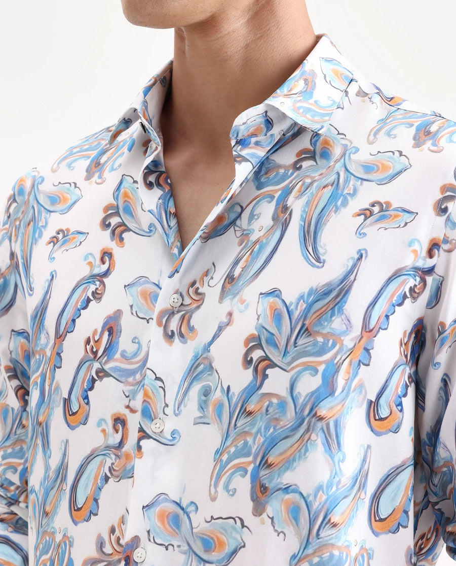 Rare Rabbit Men's Revo White Viscose Blend Fabric Collared Neck Regular Fit Paisley Shirt