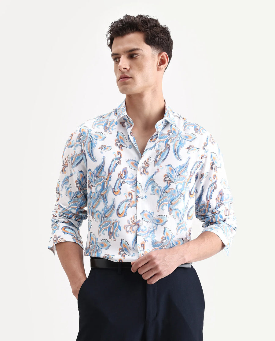 Rare Rabbit Men's Revo White Viscose Blend Fabric Collared Neck Regular Fit Paisley Shirt
