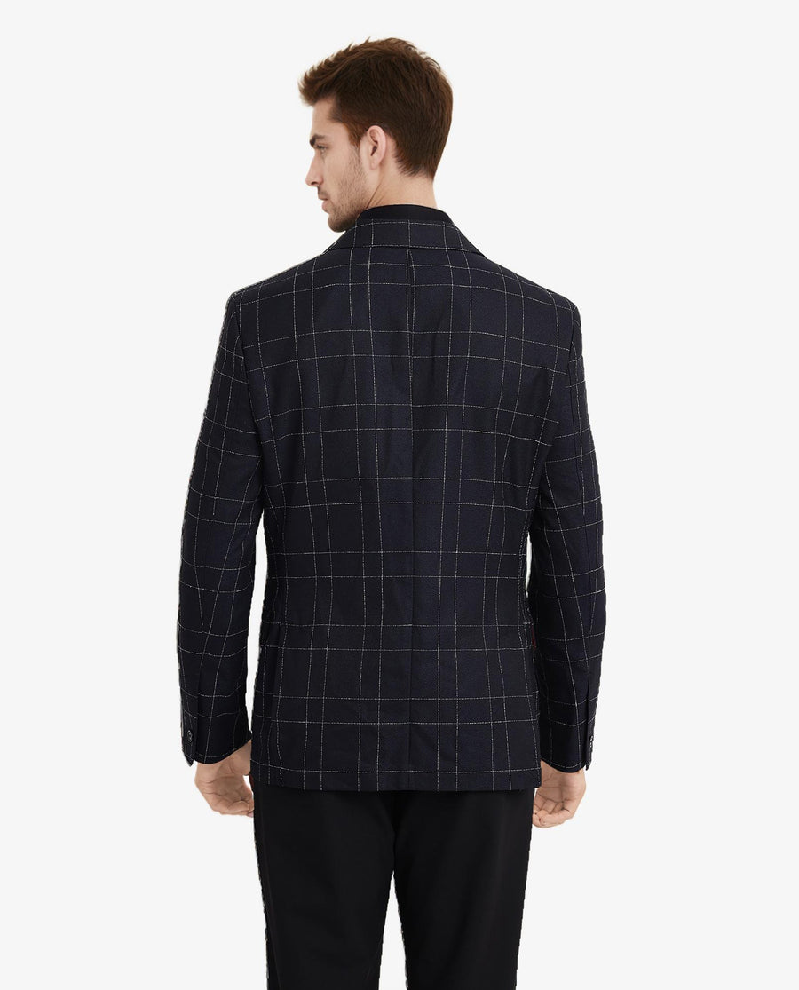 Rare Rabbit Men's Rewind Dark Navy Checked Print Tailored Fit Full Sleeve Lapel Neck Blazer