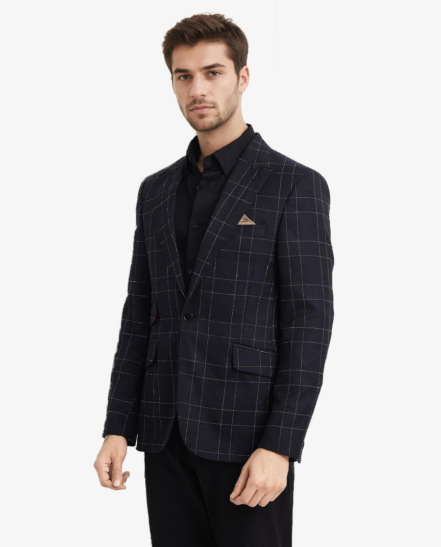 Rare Rabbit Men's Rewind Dark Navy Checked Print Tailored Fit Full Sleeve Lapel Neck Blazer