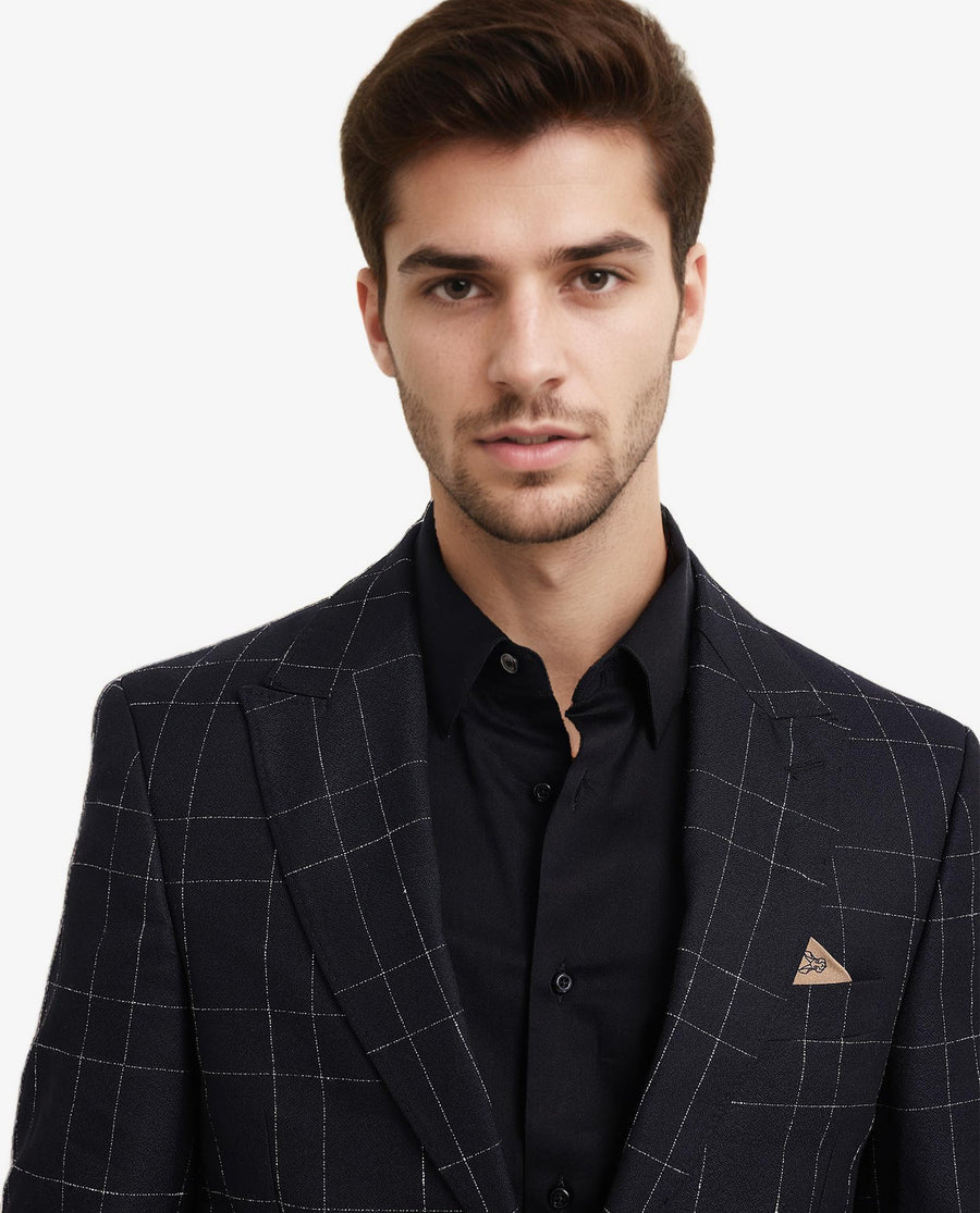 Rare Rabbit Men's Rewind Dark Navy Checked Print Tailored Fit Full Sleeve Lapel Neck Blazer