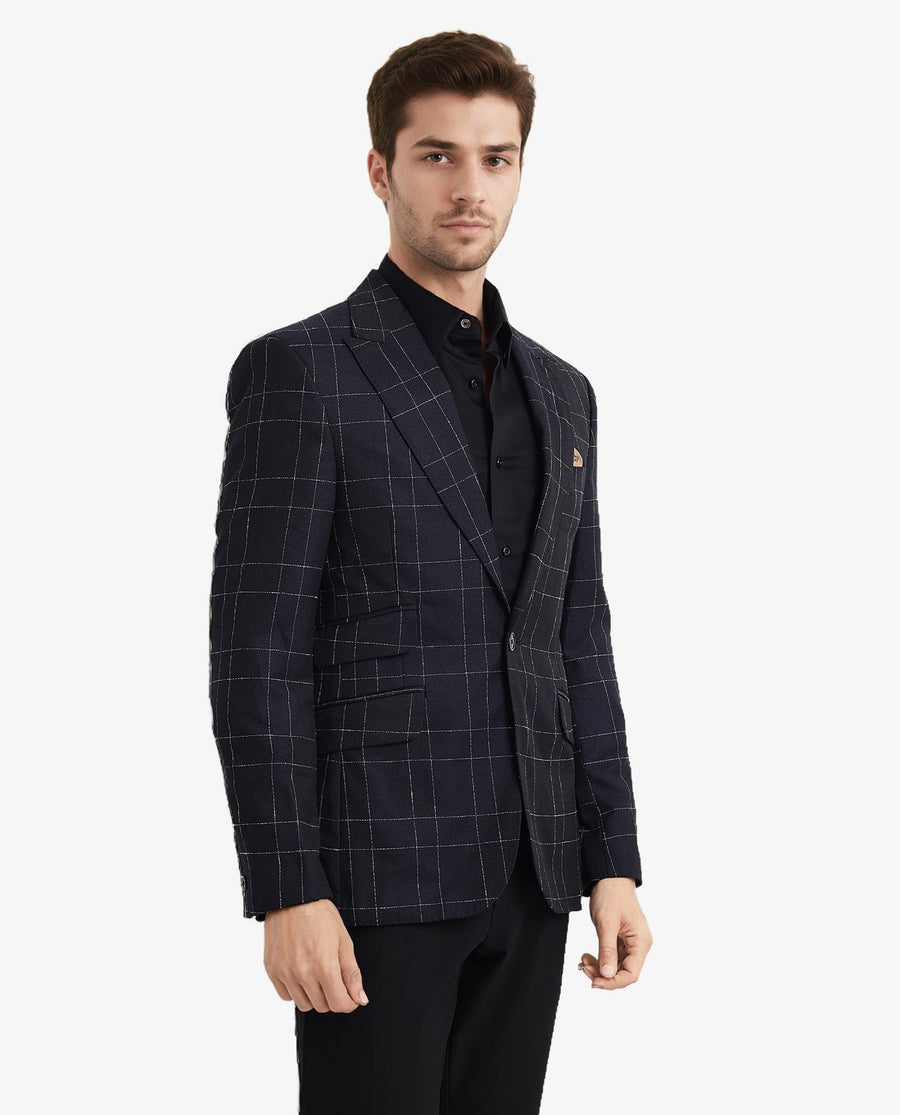 Rare Rabbit Men's Rewind Dark Navy Checked Print Tailored Fit Full Sleeve Lapel Neck Blazer