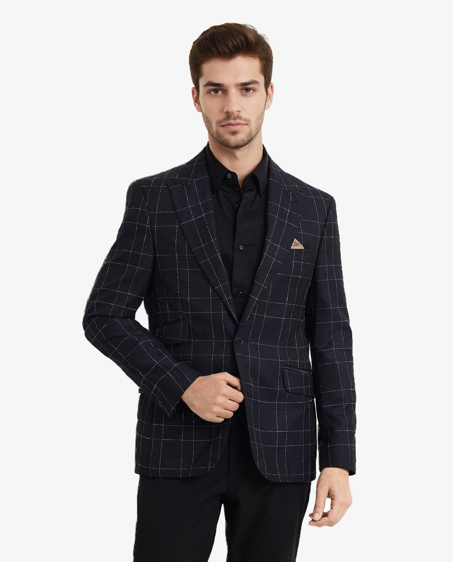 Rare Rabbit Men's Rewind Dark Navy Checked Print Tailored Fit Full Sleeve Lapel Neck Blazer