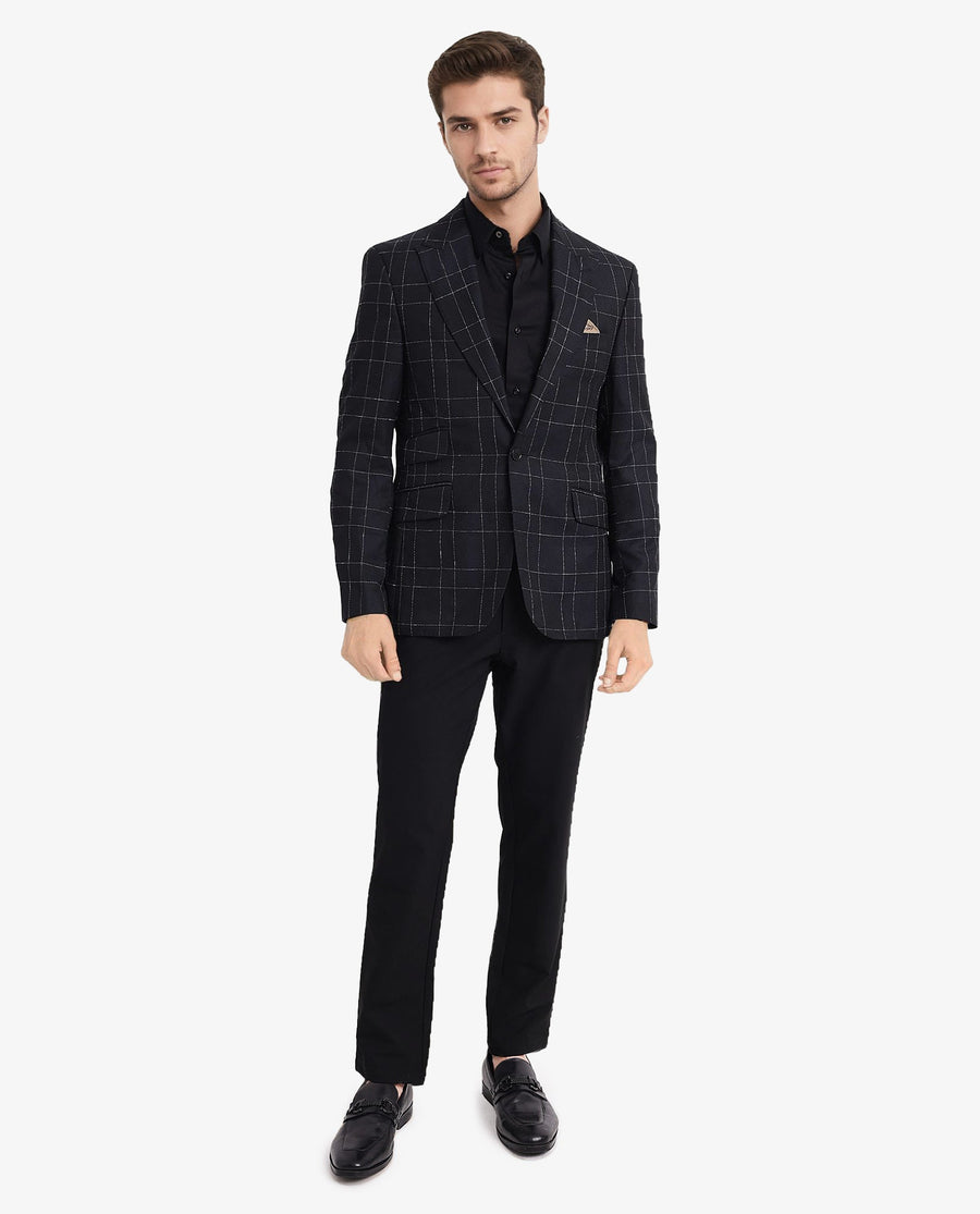 Rare Rabbit Men's Rewind Dark Navy Checked Print Tailored Fit Full Sleeve Lapel Neck Blazer