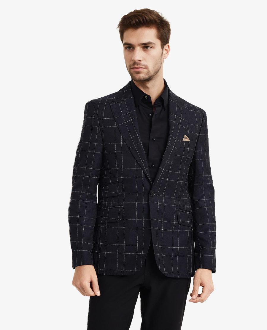 Rare Rabbit Men's Rewind Dark Navy Checked Print Tailored Fit Full Sleeve Lapel Neck Blazer