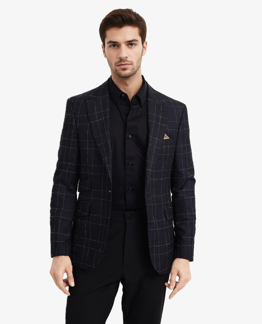 Rare Rabbit Men's Rewind Dark Navy Checked Print Tailored Fit Full Sleeve Lapel Neck Blazer