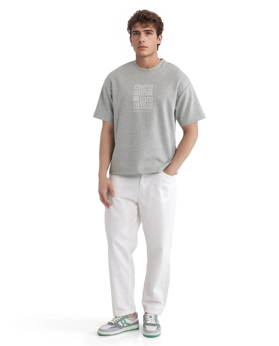 Rare Rabbit Men's Rexo Melange Grey Cotton Blend Graphic Print Oversized Fit Half Sleeve Crew Neck T-Shirt