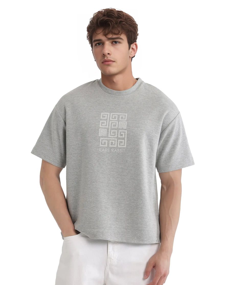 Rare Rabbit Men's Rexo Melange Grey Cotton Blend Graphic Print Oversized Fit Half Sleeve Crew Neck T-Shirt