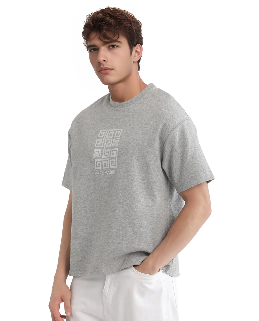 Rare Rabbit Men's Rexo Melange Grey Cotton Blend Graphic Print Oversized Fit Half Sleeve Crew Neck T-Shirt