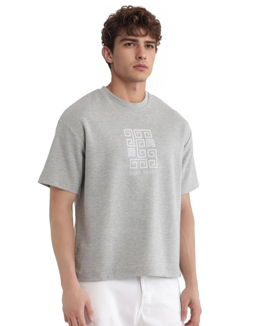 Rare Rabbit Men's Rexo Melange Grey Cotton Blend Graphic Print Oversized Fit Half Sleeve Crew Neck T-Shirt