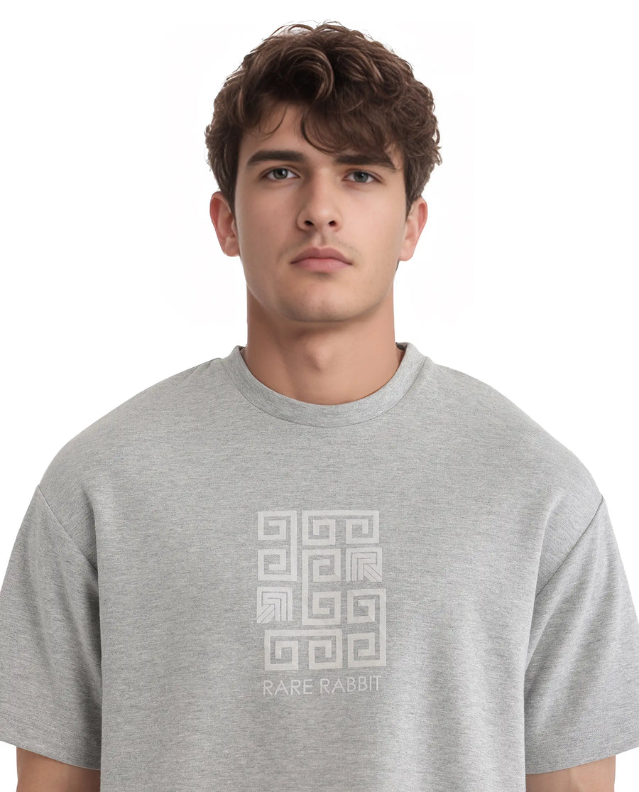 Rare Rabbit Men's Rexo Melange Grey Cotton Blend Graphic Print Oversized Fit Half Sleeve Crew Neck T-Shirt