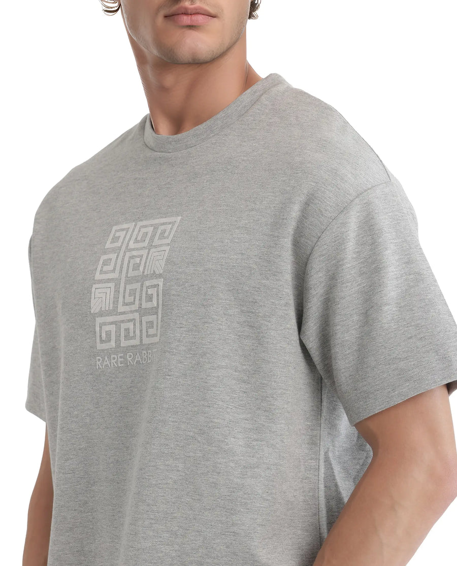 Rare Rabbit Men's Rexo Melange Grey Cotton Blend Graphic Print Oversized Fit Half Sleeve Crew Neck T-Shirt