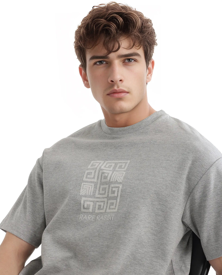 Rare Rabbit Men's Rexo Melange Grey Cotton Blend Graphic Print Oversized Fit Half Sleeve Crew Neck T-Shirt