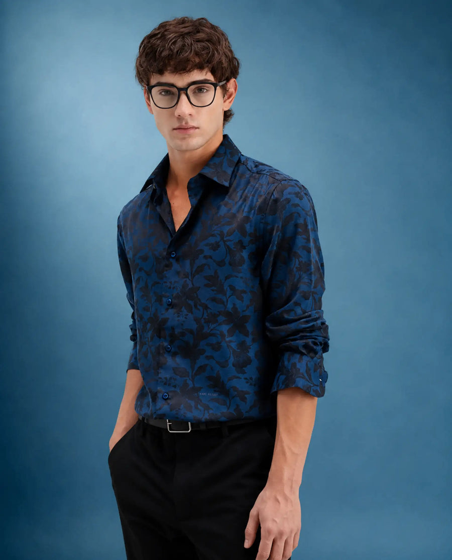 Rare Rabbit Men's Rezo Dark Blue Polyester Blend Spread Collar Button Regular Floral Print Print Shirt