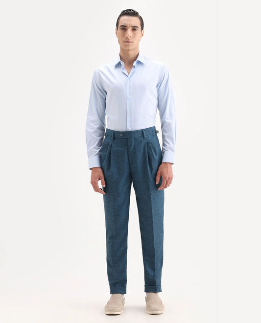Rare Rabbit Men's Rhesa Dark Teal Linen Blend Plain Relaxed Fit Trouser