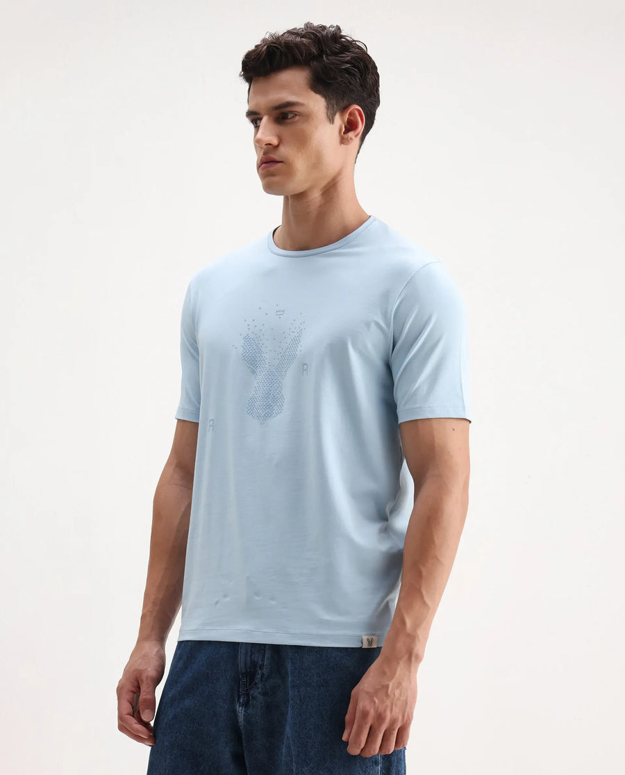 Rare Rabbit Men's Rhod Light Blue Cotton Blend Graphic Print Regular Fit Half Sleeve Crew Neck T-Shirt