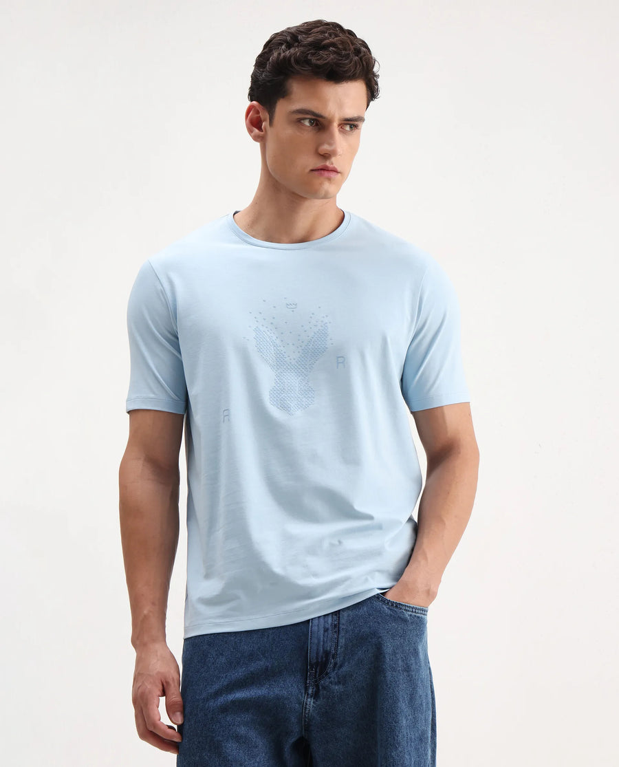 Rare Rabbit Men's Rhod Light Blue Cotton Blend Graphic Print Regular Fit Half Sleeve Crew Neck T-Shirt