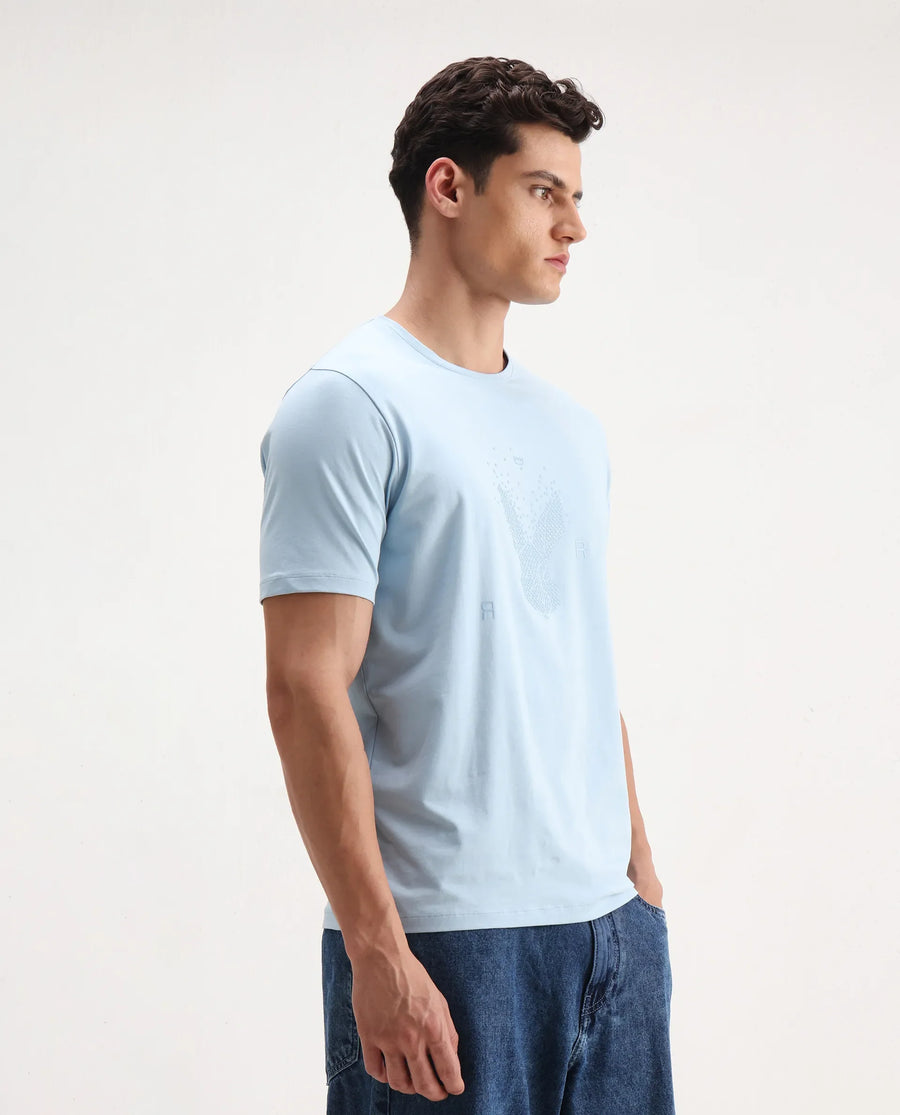 Rare Rabbit Men's Rhod Light Blue Cotton Blend Graphic Print Regular Fit Half Sleeve Crew Neck T-Shirt