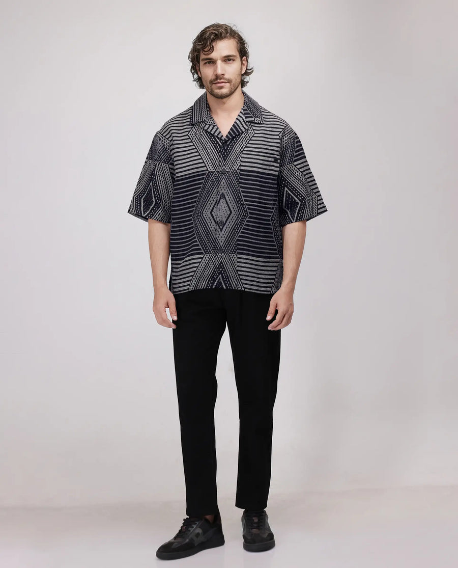 Rare Rabbit Men's Rhom Dark Navy Cotton Jacquard Oversized Fit Half Sleeve Cuban Collar Shirt